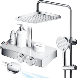 Thermostatisch douchesysteem met regendouche, handdouche en doucherail in chroom