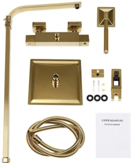 Thermostatisch douchesysteem met thermostaatkraan, douchepaneel en gouden afwerking