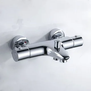 Thermostatische badkraan, messing thermostatische douchekraan, badkraan met 38°C veiligheidslimiet, dubbele douchekraan voor wandmontage, 150 mm hartafstand, zilver.