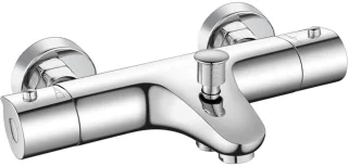 Thermostatische badkraan, messing thermostatische douchekraan, badkraan met 38°C veiligheidslimiet, dubbele douchekraan voor wandmontage, 150 mm hartafstand, zilver.
