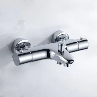Thermostatische badkraan, messing thermostatische douchekraan, badkraan met 38°C veiligheidslimiet, dubbele douchekraan voor wandmontage, 150 mm hartafstand, zilver.