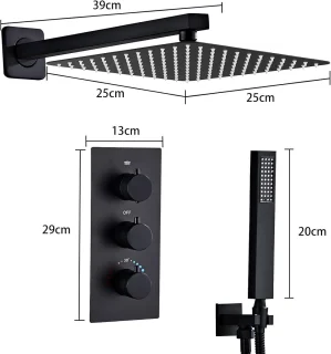 Thermostatische Inbouwdoucheset 25x25 cm Zwart