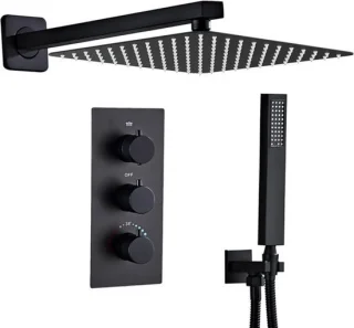 Thermostatische inbouwdoucheset in zwart met hoofd- en handdouche, 25 × 25 cm