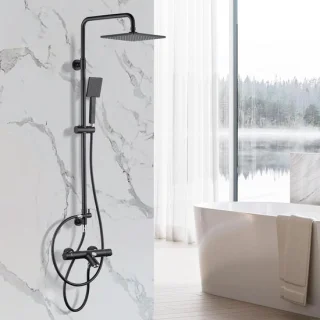 Thijox douchesysteem met thermostaat, zwart, 23 cm hoekige regendouche en handdouche met 2 stralen