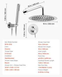 VEVOR Douchesysteemset 254 mm Ronde Regendouchekop Chroom