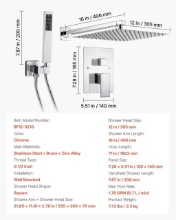 Wandgemonteerde regendoucheset chroom