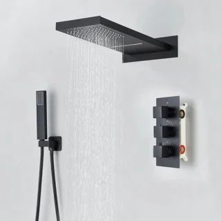 Waterval & regendouche set met thermostatische inbouw douchemengkraan mat zwart