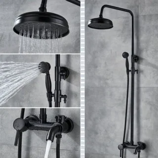 Zwarte retro doucheset met regendouche en handdouche