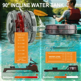 MettleMatic Roeitoestel voor thuis, van massief eiken, waterweerstand, 90° helling, watertank, bluetooth-monitor, 180kg draagver