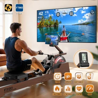 MettleMatic Roeitoestel voor thuis, van massief eiken, waterweerstand, 90° helling, watertank, bluetooth-monitor, 180kg draagver