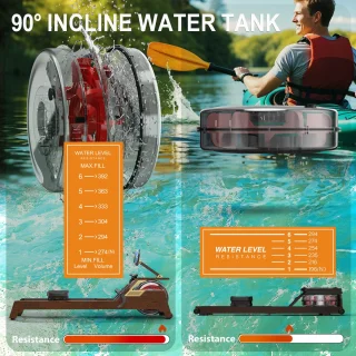 MettleMatic Roeitoestel voor thuis, van eikenhout, 90° watertank, verhoogde rail en tablethouder, compatibel met app, waterroeitoestel, max. 182 kg belastbaar