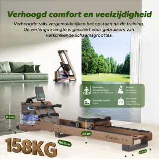 MERACH Roeitrainer voor thuis van rode eikenhout - Waterroeimachine - Inklapbaar ontwerp - Bluetooth-display - Compatibel met Kinomap - Verstelbare telefoonhouder & ergonomisch zitje - Eenvoudige montage - Verticale opslag - Belastbaar tot 158 kg
