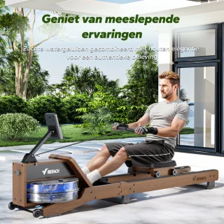 MERACH Roeitrainer voor thuis van rode eikenhout - Waterroeimachine - Inklapbaar ontwerp - Bluetooth-display - Compatibel met Kinomap - Verstelbare telefoonhouder & ergonomisch zitje - Eenvoudige montage - Verticale opslag - Belastbaar tot 158 kg