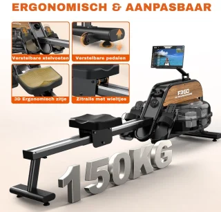 MettleMatic Roeitrainer met Waterweerstand - Roeimachine met tablethouder en LED Bluetooth scherm - Roeiapparaat voor thuis met 6 weerstandsniveaus - Hometrainer inklapbaar - Geschikt voor gebruikers tot 200cm