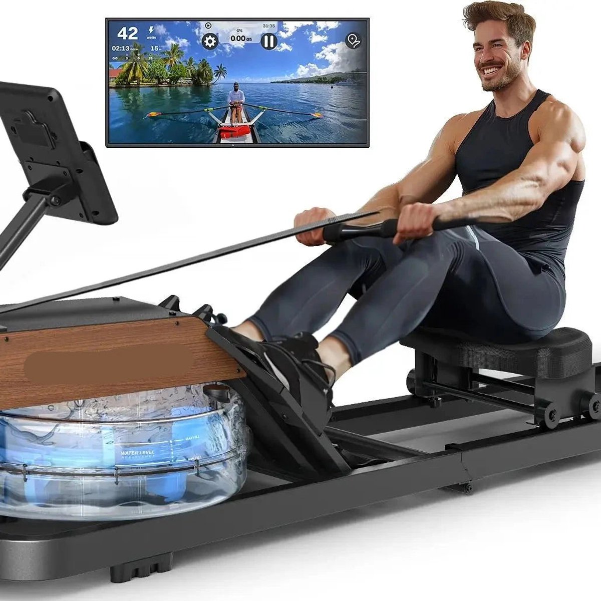 De Massief Houten Water Roeimachine Bluetooth Zwart in één oogopslag