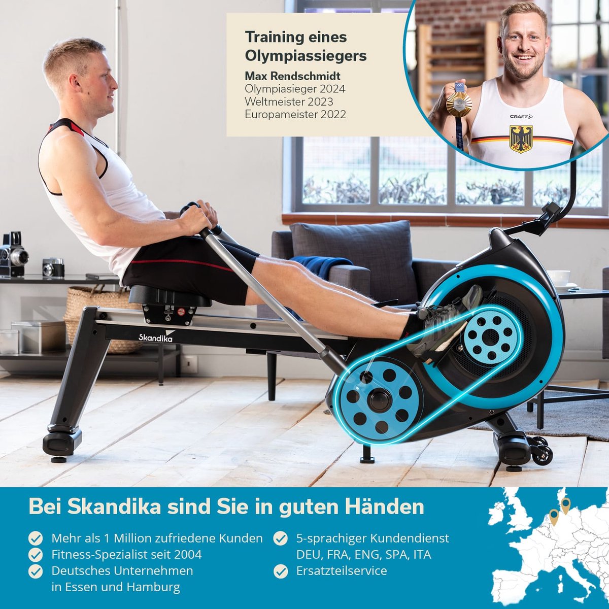 Wat vinden we goed aan de Skandika Nordlys Roeimachine Set inclusief Mat zwart/blauw