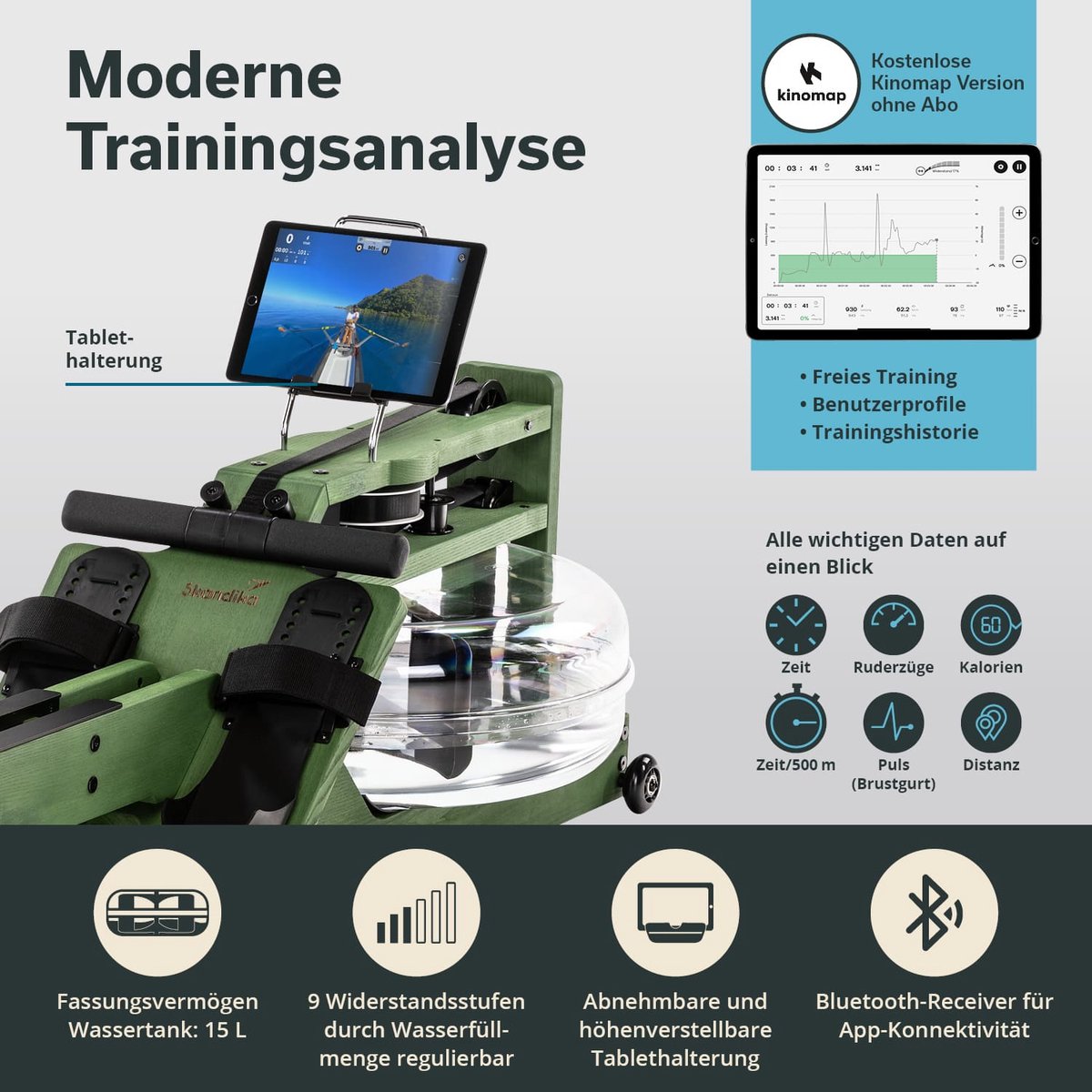 Wat vinden we goed aan de Skandika Styrke Premium Roeitrainer Waterroeier Smaragdgroen