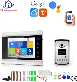 WIFI videofoon/intercom met 1 deurbel camera + 1 binnen paneel/scherm en kan werken met spraak gestuurde apps. T-2102V