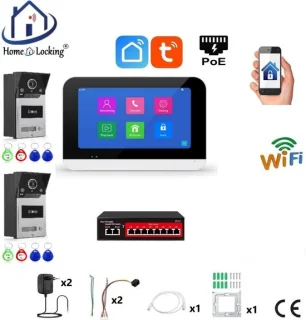 Smart WIFI deur intercom/videofoon touchscreen met bediening via Smart Life APP werkt met Alexa en Google spraaksturing. T-2302-2-1