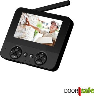 Doorsafe 4450 - Draadloze camera deurbel - 4.3″ Scherm - Draadloos, standaard bereik - Deurbel op uitneembare en oplaadbare 3600mAh accu - Laag resolutie beeld - Duplex audio - Met monitoring - 16Gb SD-kaart