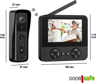 Doorsafe 4450 - Draadloze camera deurbel - 4.3″ Scherm - Draadloos, standaard bereik - Deurbel op uitneembare en oplaadbare 3600mAh accu - Laag resolutie beeld - Duplex audio - Met monitoring - 16Gb SD-kaart
