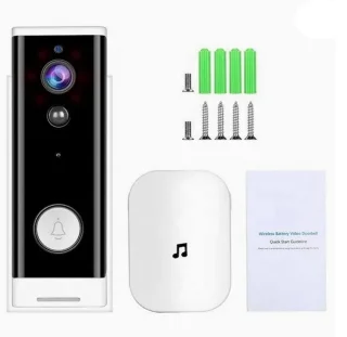 1 WIFI buiten videofoon 2.0MP met 2 oplaadbare batterijen en een binnen ontvanger en kan werken met spraakgestuurde apps. T-2090BB.