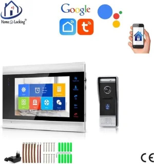 WIFI videofoon/intercom met 1 deurbel camera + 1 binnen paneel/scherm en kan werken met spraak gestuurde apps. T-2101.