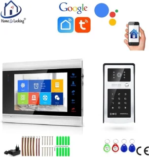 WIFI videofoon/intercom met 1 deurbel camera + 1 binnen paneel/scherm en kan werken met spraak gestuurde apps. T-2103