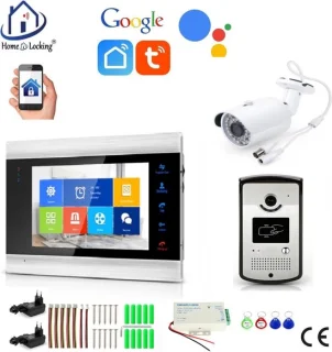 WIFI videofoon/intercom met 1 deurbel camera + 1 binnen paneel/scherm en kan werken met spraak gestuurde apps. T-2102VC