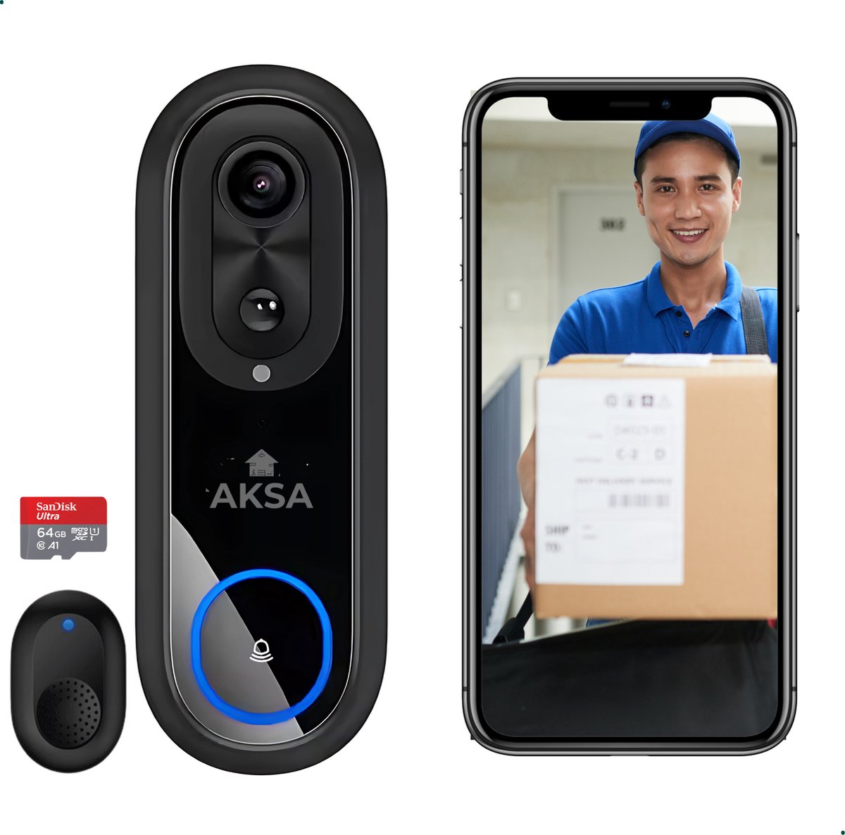 AKSA Home Video Deurbel 1080P met Camera en Gong 64GB