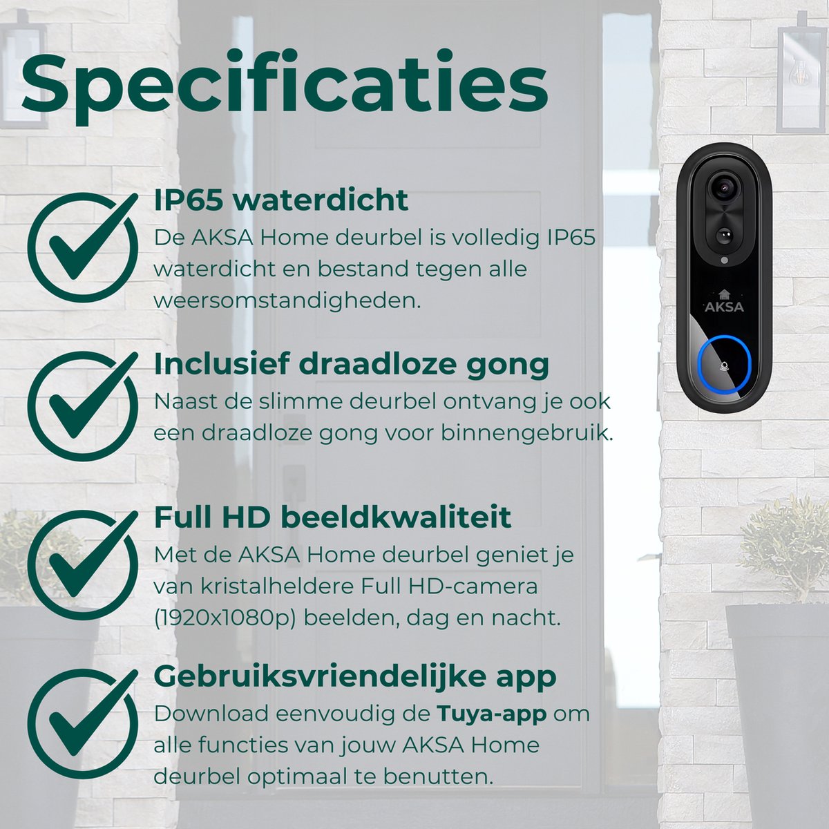 AKSA Home Video Deurbel 1080P met Camera en Gong 64GB