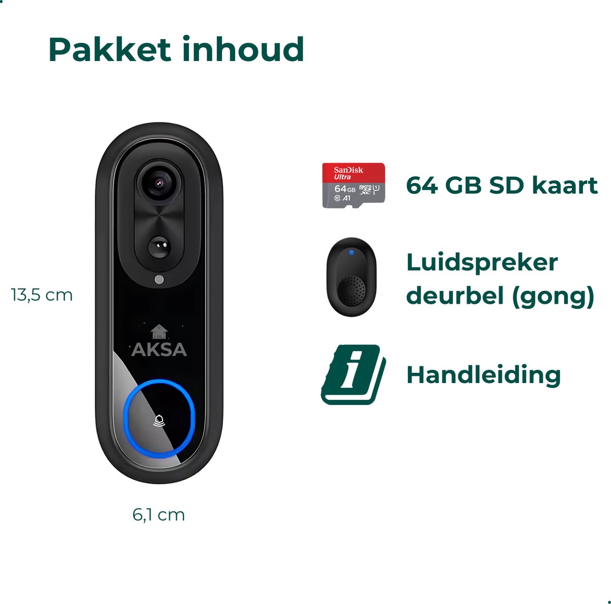 AKSA Home Video Deurbel 1080P met Camera en Gong 64GB