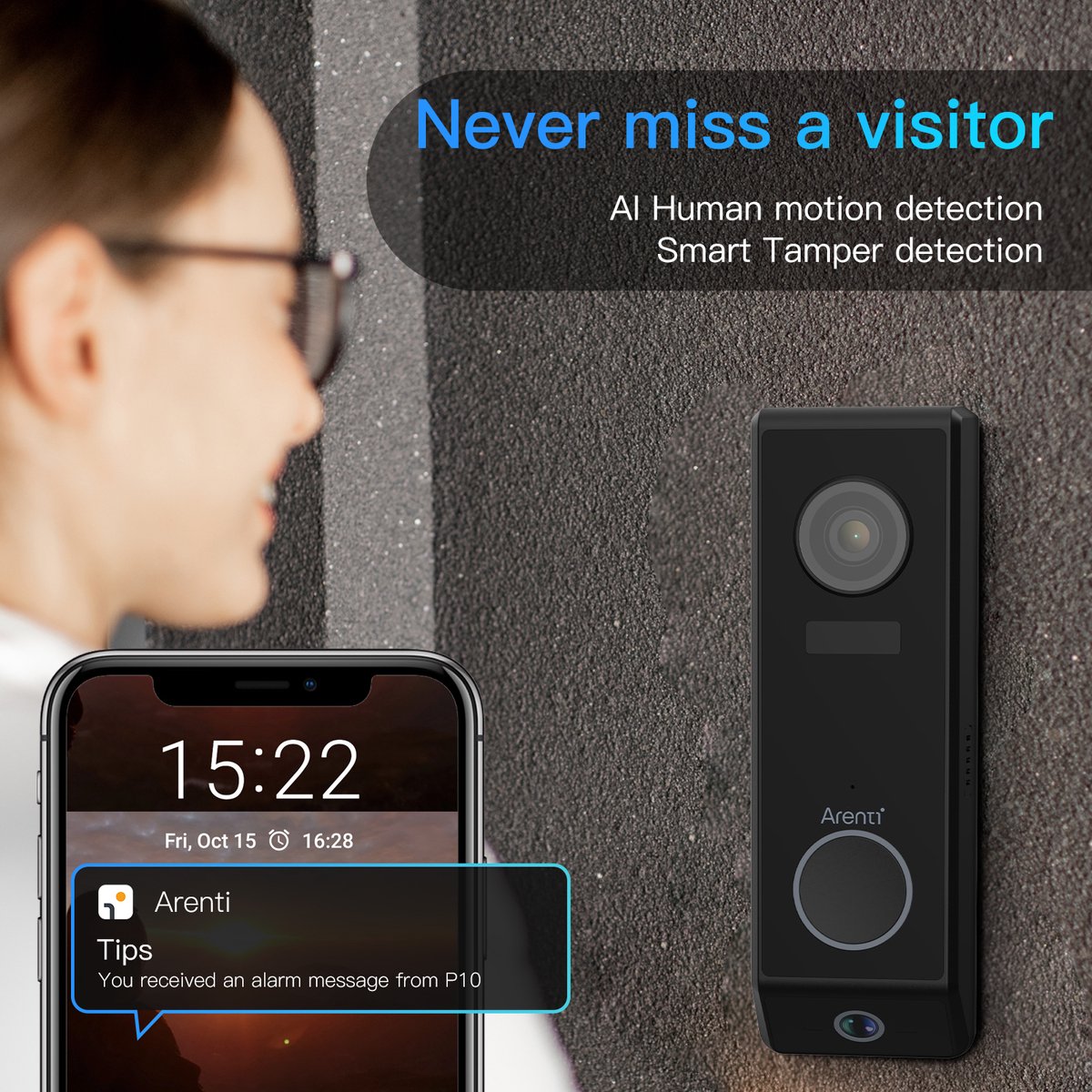 Arenti P10 Videodeurbel Wifi Dual Lens 3MP Zwart