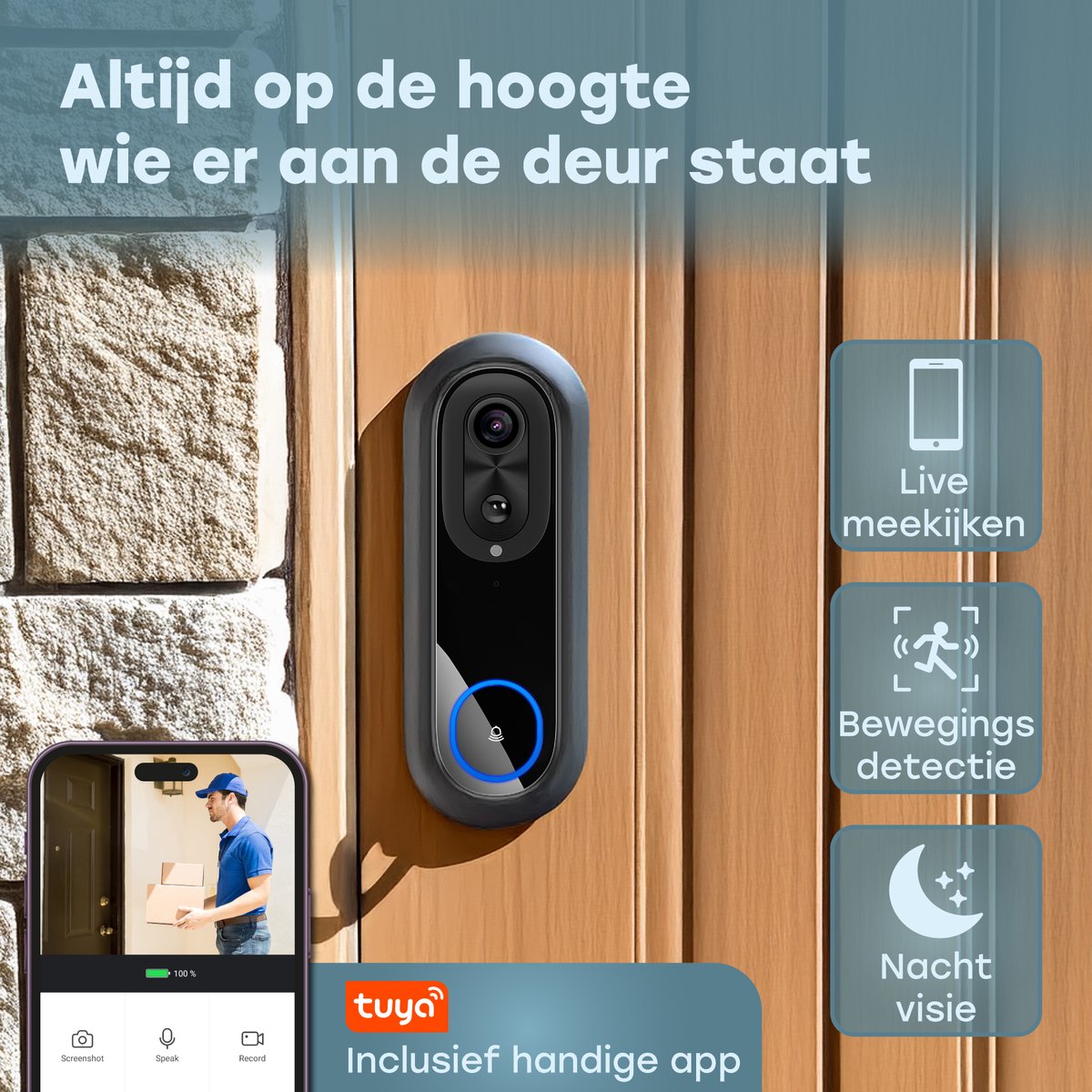 Audyn Video Deurbel Draadloos WiFi 1080P Inclusief Gong