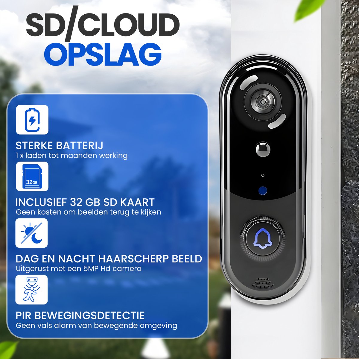 Azorix Slimme Draadloze Video Deurbel 1080P met SD-Kaart en Draadloze Gong