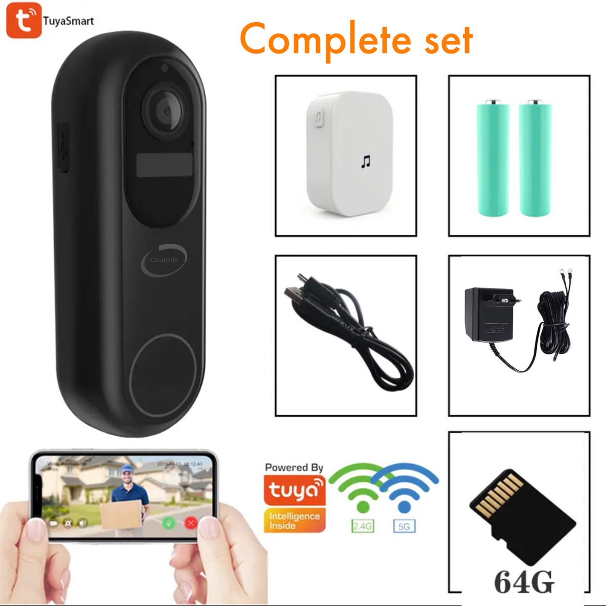 Casamix Deurbel Pro Zwart inclusief SD kaart 64GB en adapter