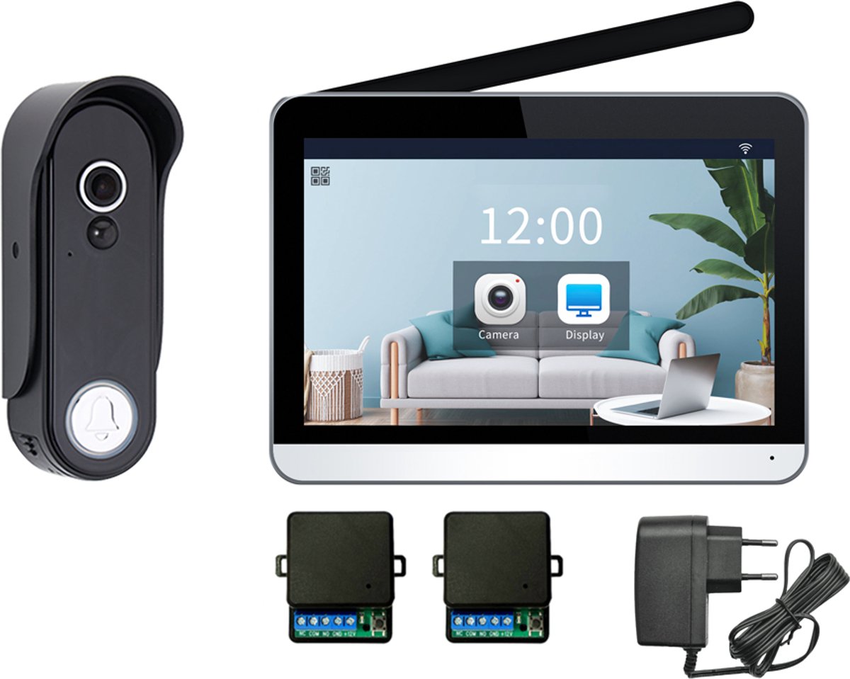 De Doorsafe 4656 HD draadloze deurbel met 7" touchscreen en voeding in één oogopslag