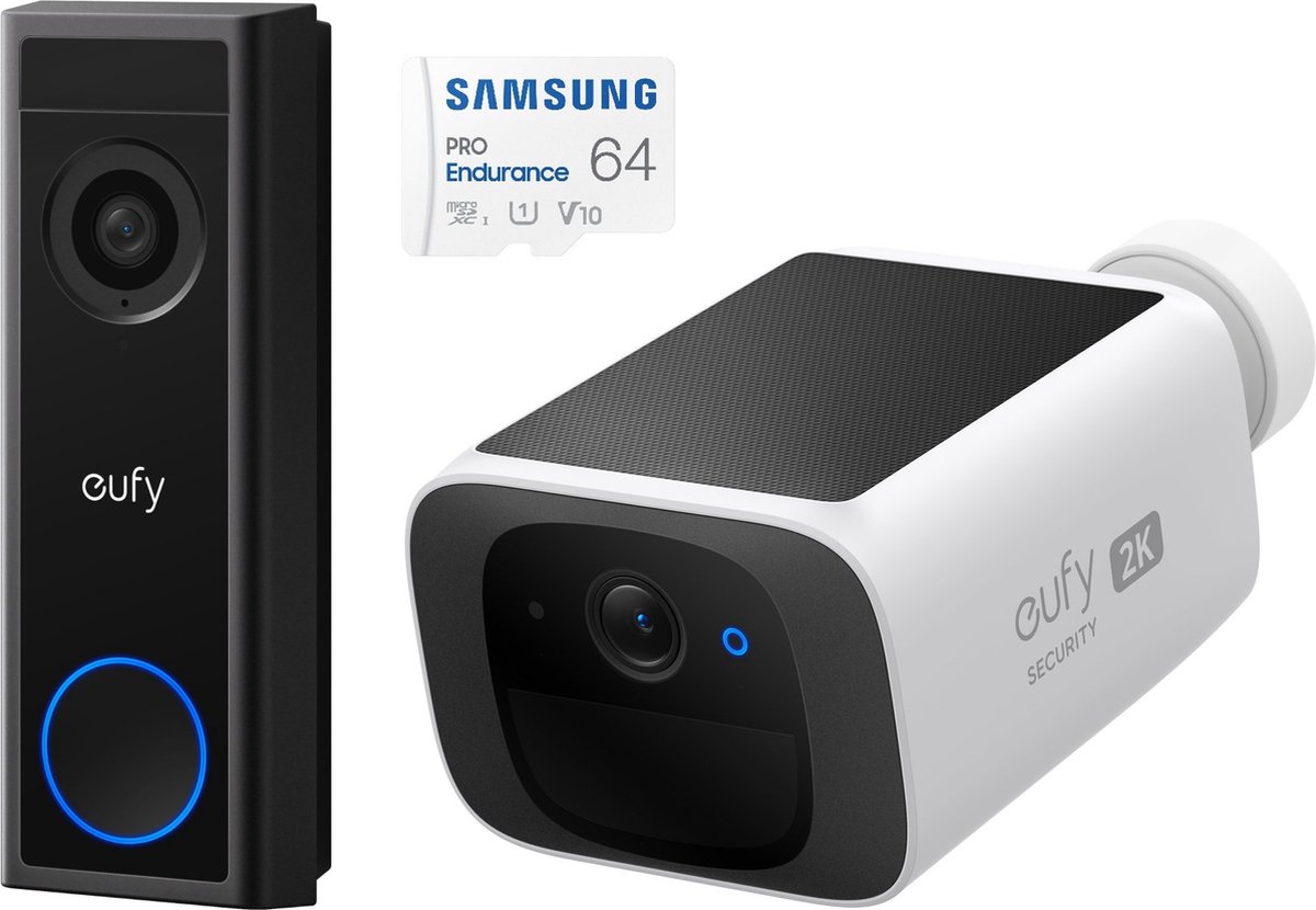 De eufy C30 2K Draadloze Video Deurbel + Samsung 64GB MicroSD + eufy S220 SoloCam 2K Solar Camera Bundel in één oogopslag