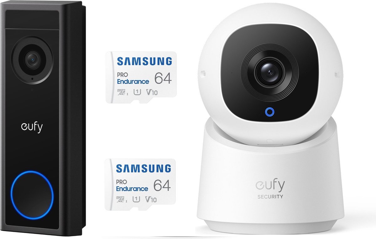 De eufy Security C30 2K Draadloze Deurbel + C220 Indoorcam + 2x Samsung MicroSDXC 64GB Bundel in één oogopslag