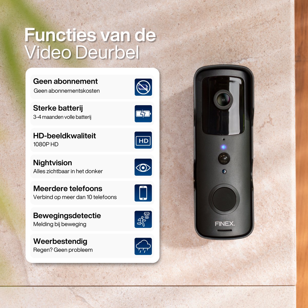 Finex Video Deurbel Draadloos met Binnenbel en Camera
