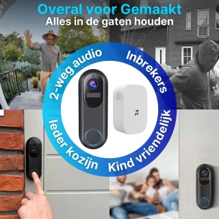 HB Video T Ring Deurbel met Camera WiFi 2K Ultra HD Zwart