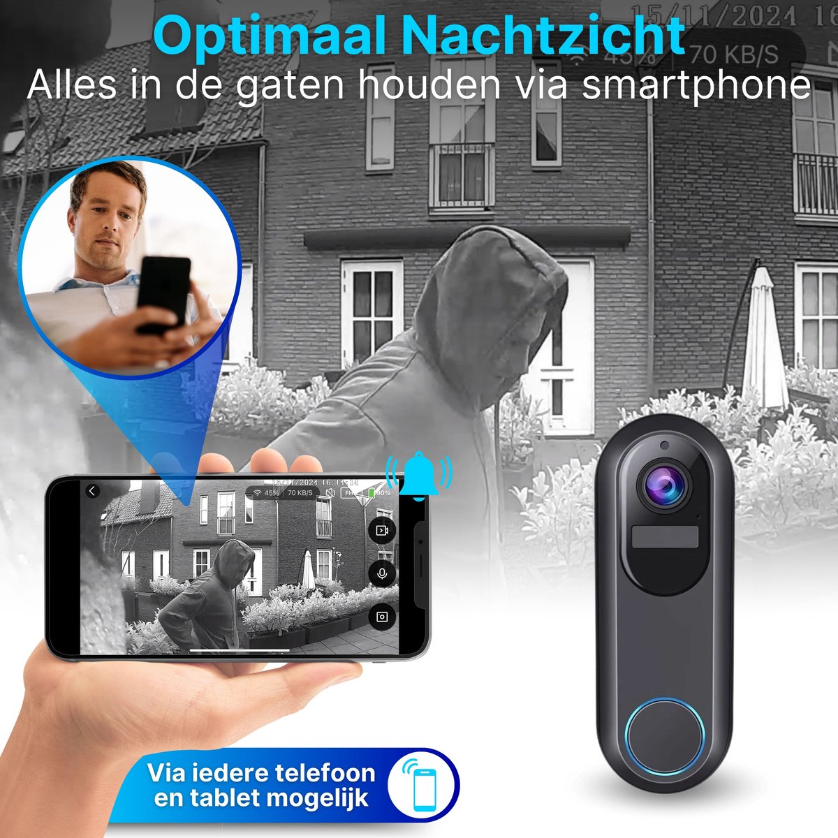 HB Video T Ring Deurbel met Camera WiFi 2K Ultra HD Zwart