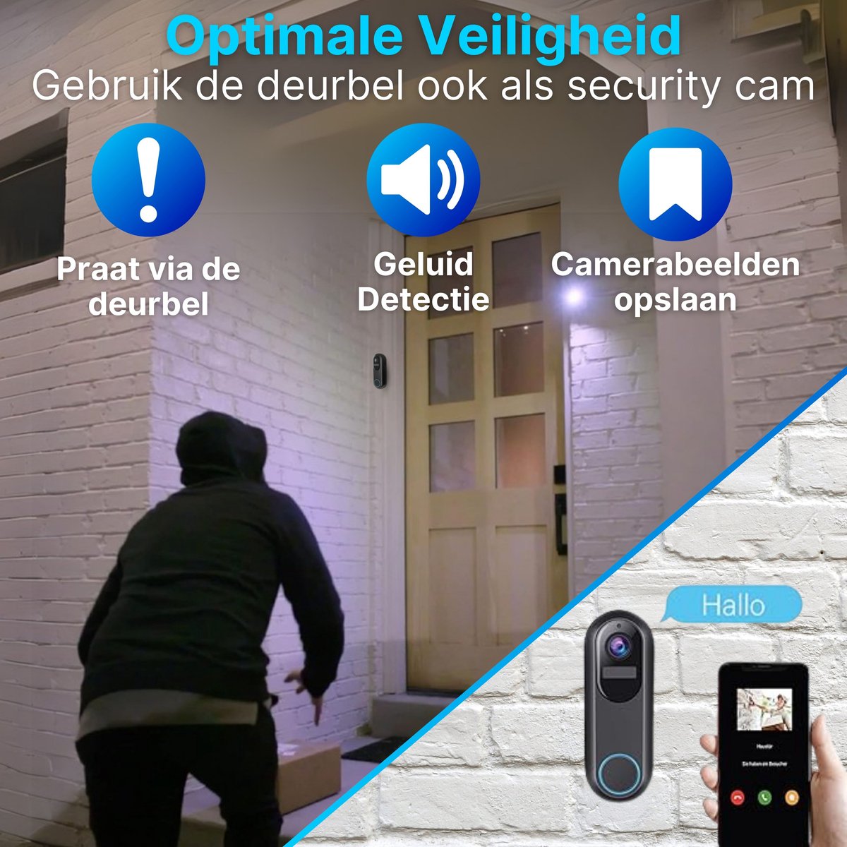 HB Video T Ring Deurbel met Camera WiFi 2K Ultra HD Zwart
