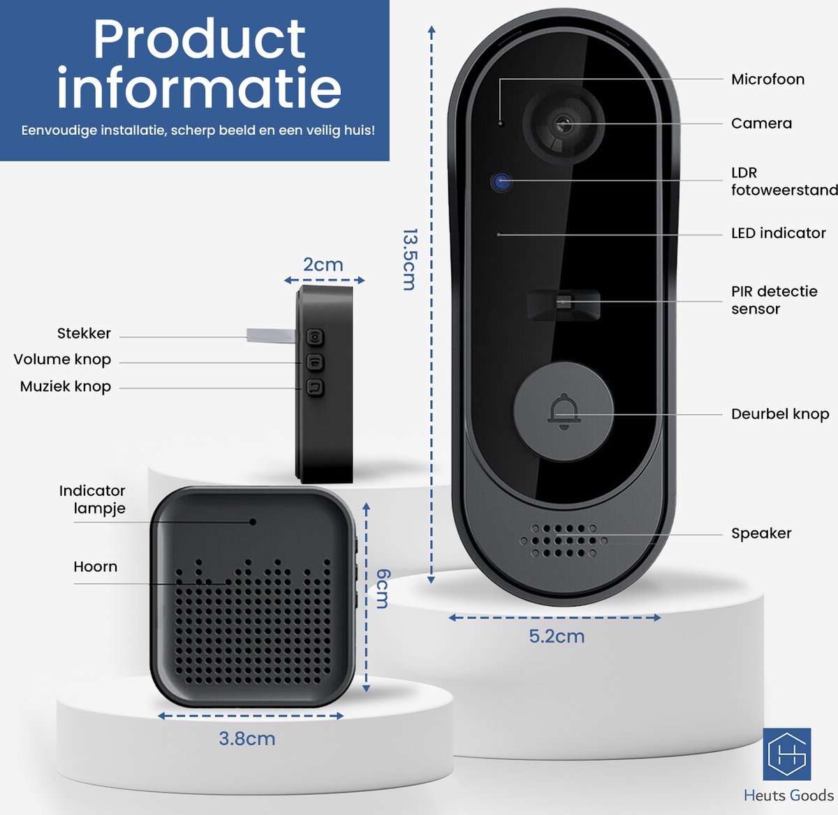 Heuts Goods Video Deurbel Wifi Draadloos Zwart