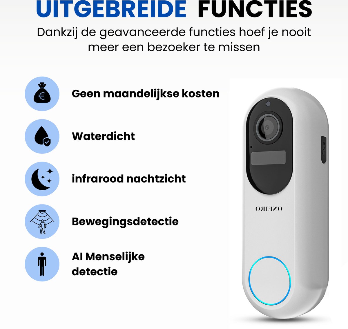 Oneiro Smart Deurbel PRO Wit WIFI Camera SD64GB Draadloos
