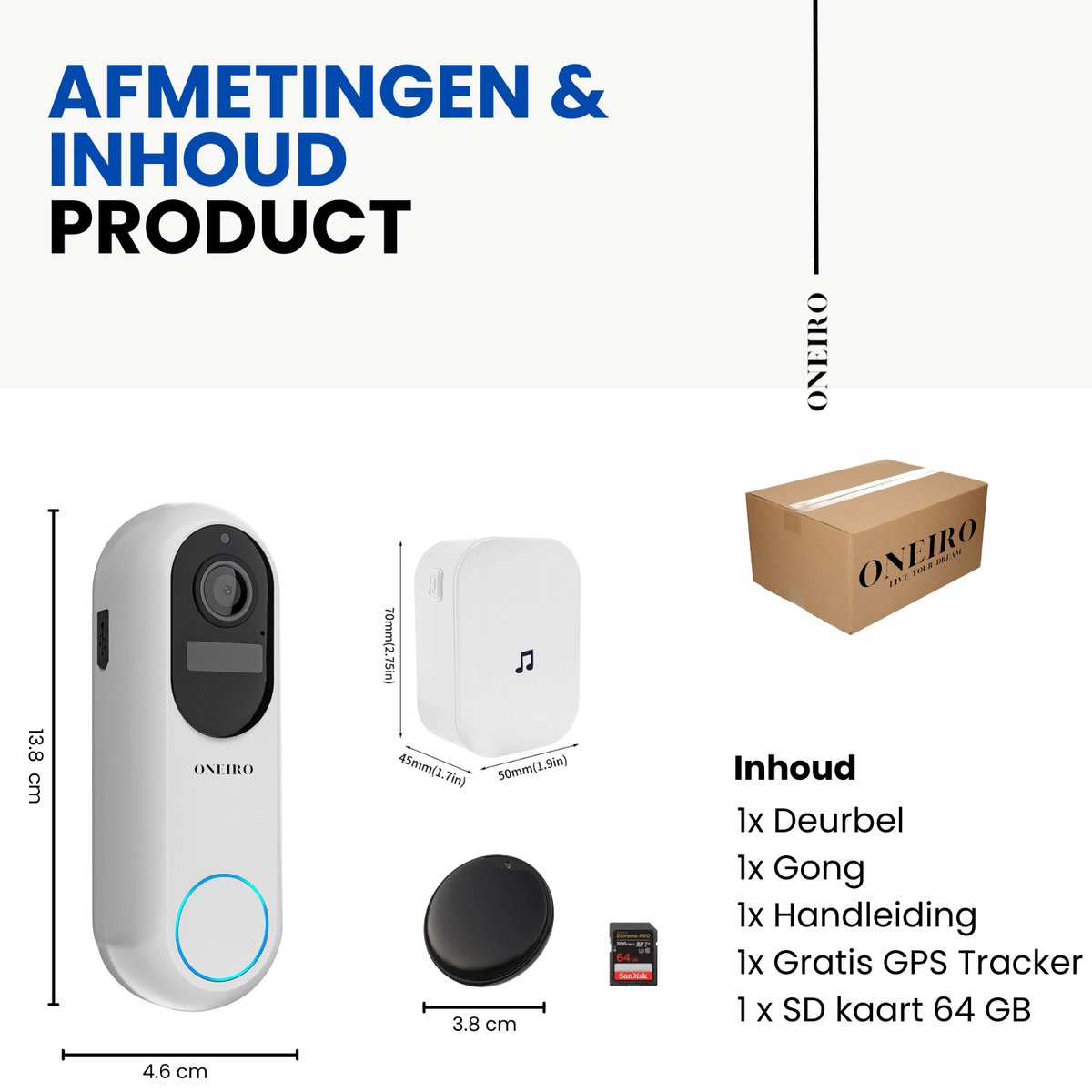 Oneiro Smart Deurbel PRO Wit WIFI Camera SD64GB Draadloos