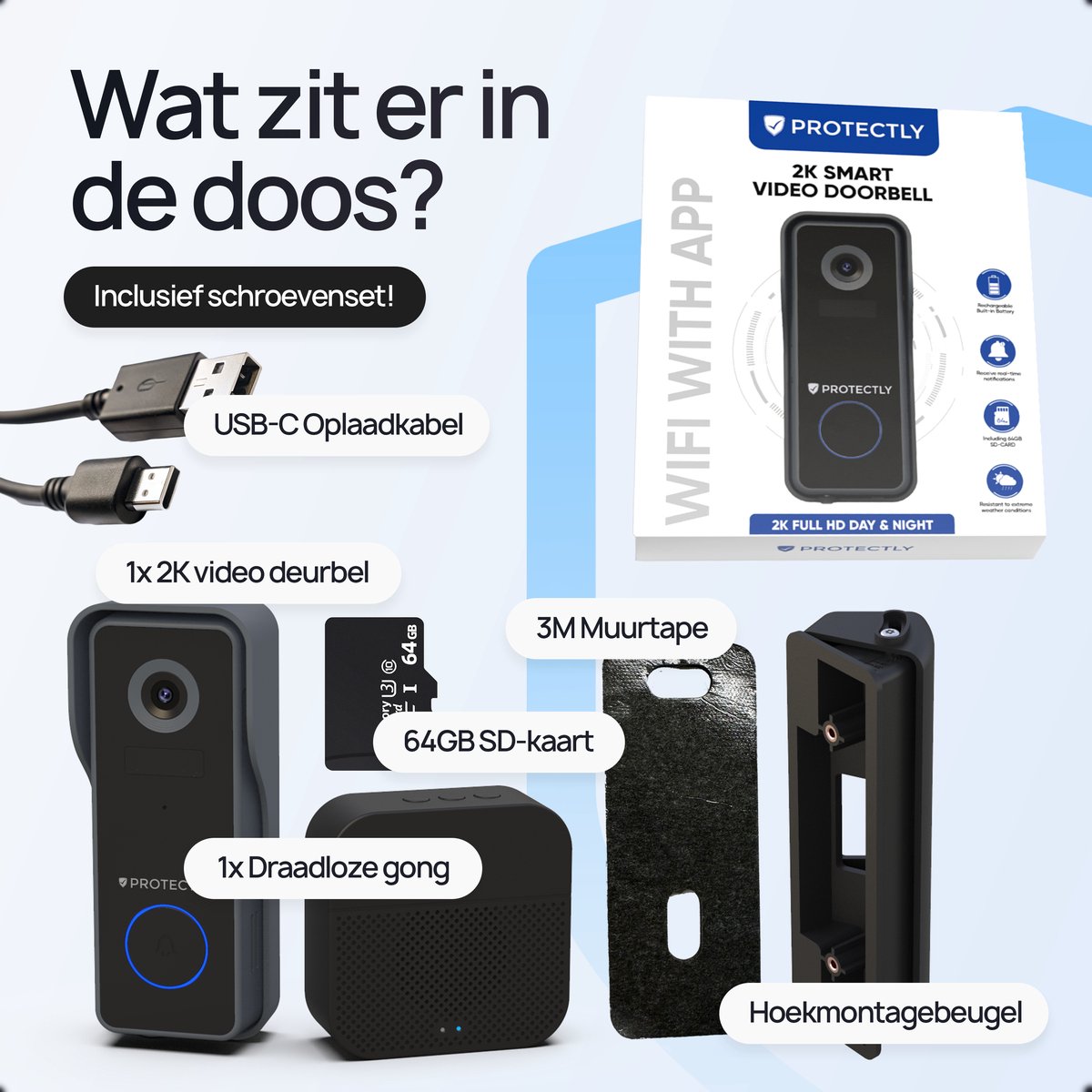 Protectly Slimme Draadloze Video Deurbel 2K Ultra HD