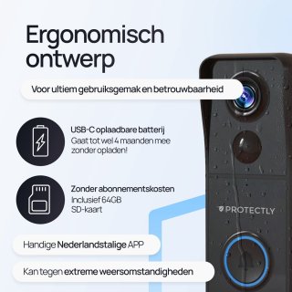 Protectly Slimme Draadloze Video Deurbel 4K Ultra HD met 64GB SD en Gong
