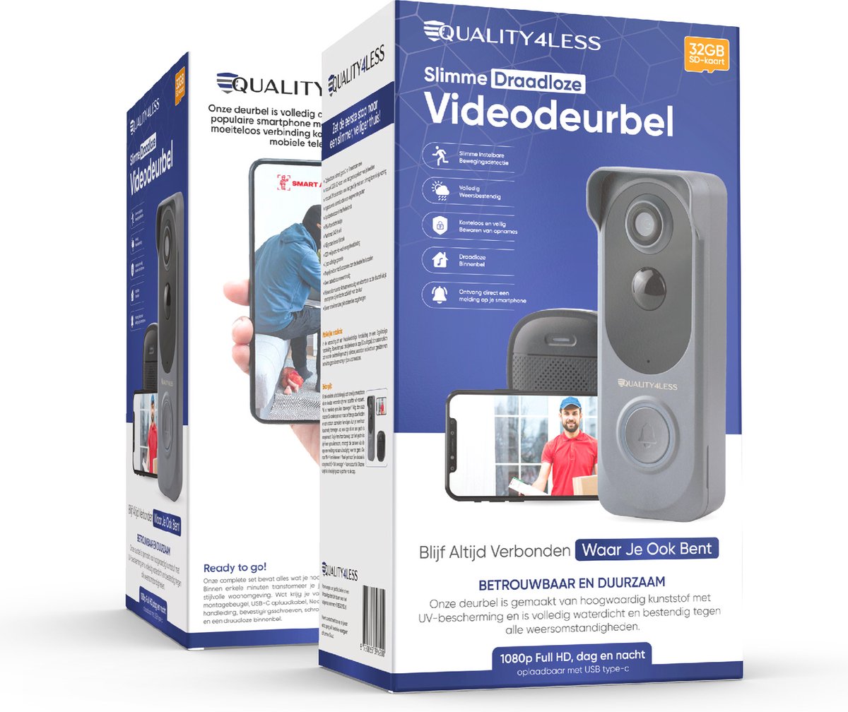 Quality4Less™ Slimme Draadloze Video Deurbel Ultra HD Grijs