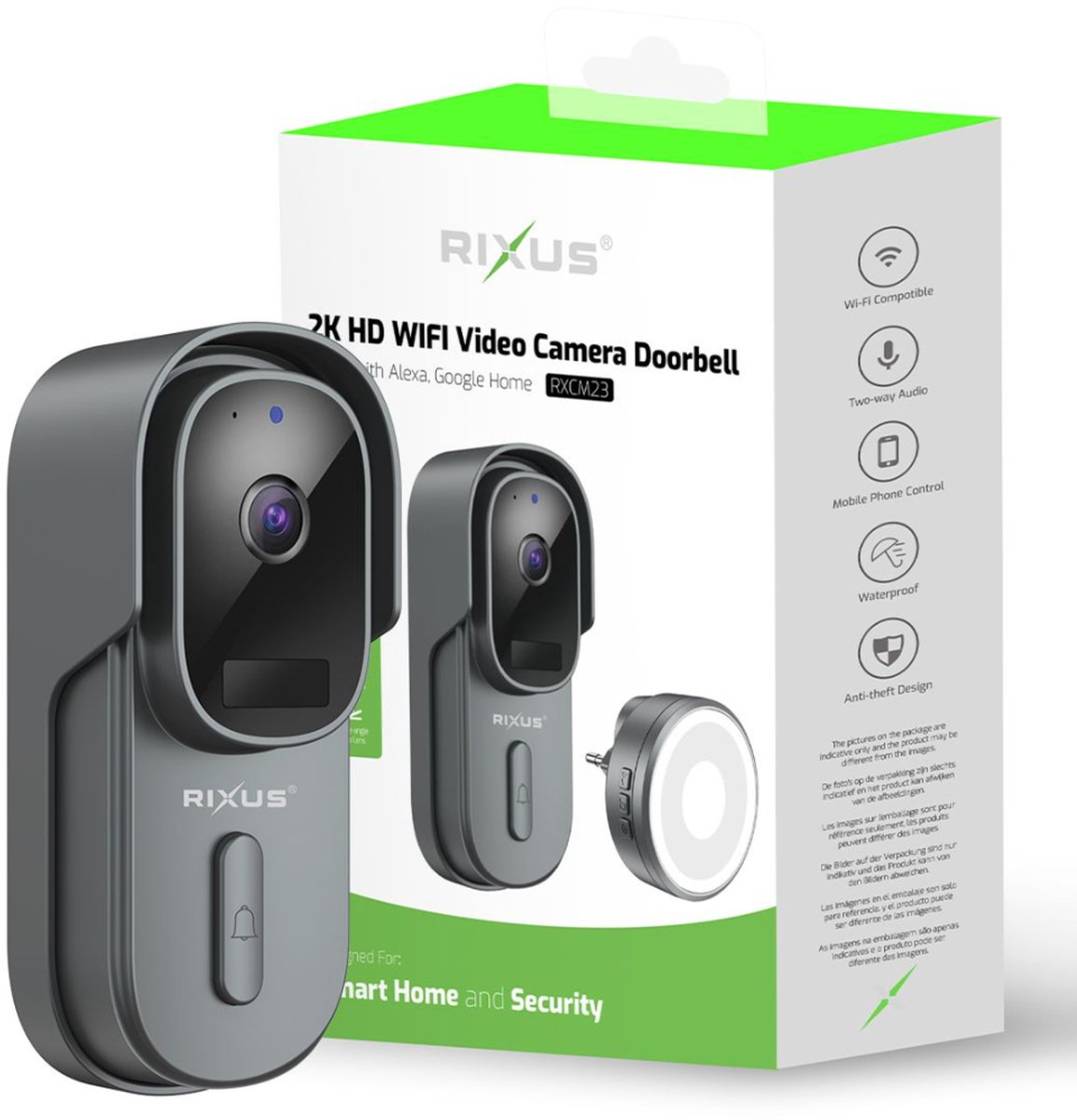 Rixus RXCM23 Smart 2K Wifi Video Deurbel Grijs